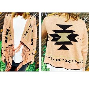 Peace Dove Pink Aztec Print Metallic Fringe Knit Cardigan Sweater Small Boho